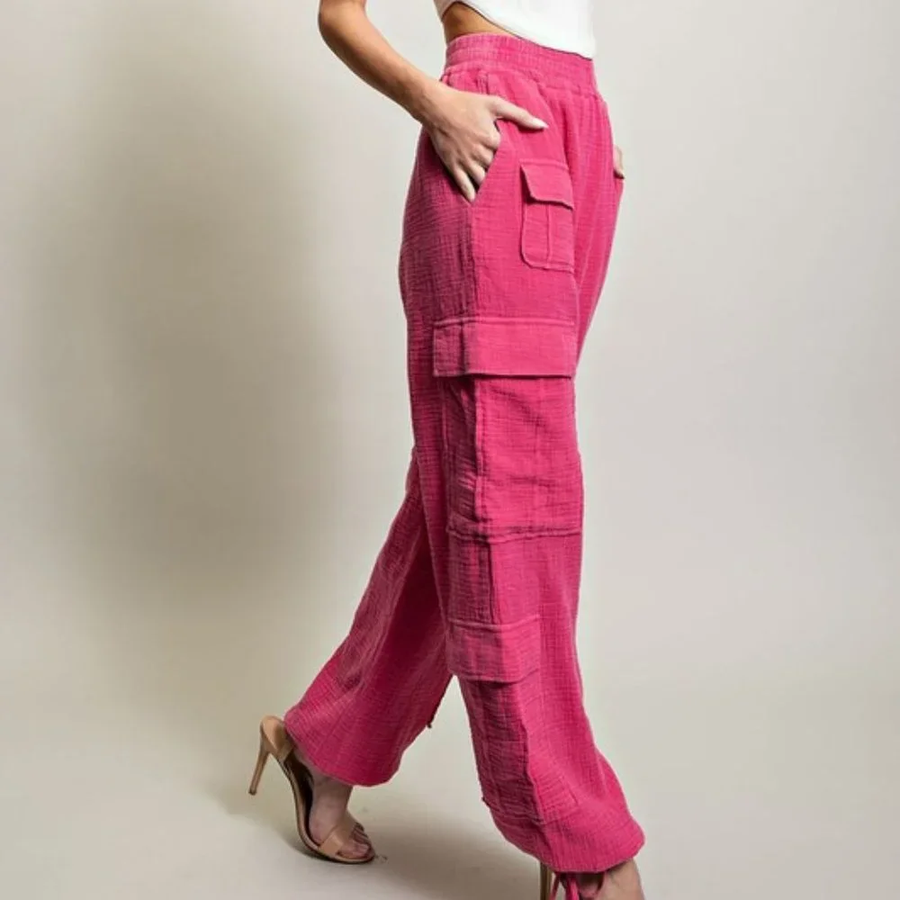Hot Pink Mineral Washed Cotton Elastic Waist Cargo Pants - Picture 4 of 6